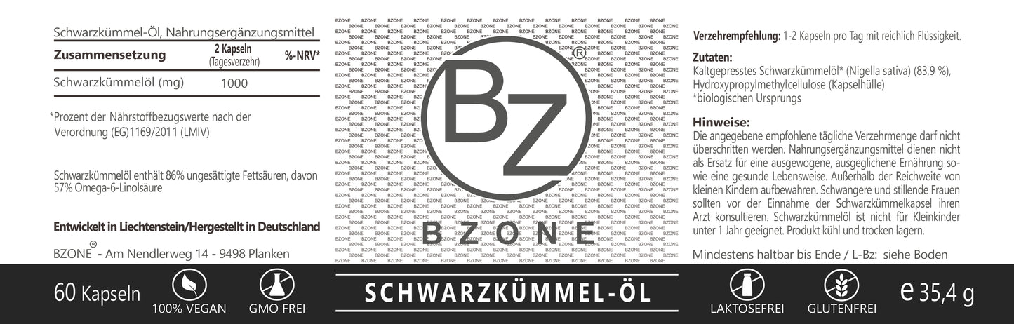Verpackung für Schwarzkümmelöl-Nahrungsergänzungsmittel in Kapselform. Die Packung enthält 60 Kapseln und ist 100 % vegan, glutenfrei und GMO-frei. Die detaillierte Zusammensetzung sowie Hinweise zur Verwendung und Lagerung sind auf dem Etikett aufgedruckt. Entwicket in Liechtenstein und hergestellt in Deutschland.