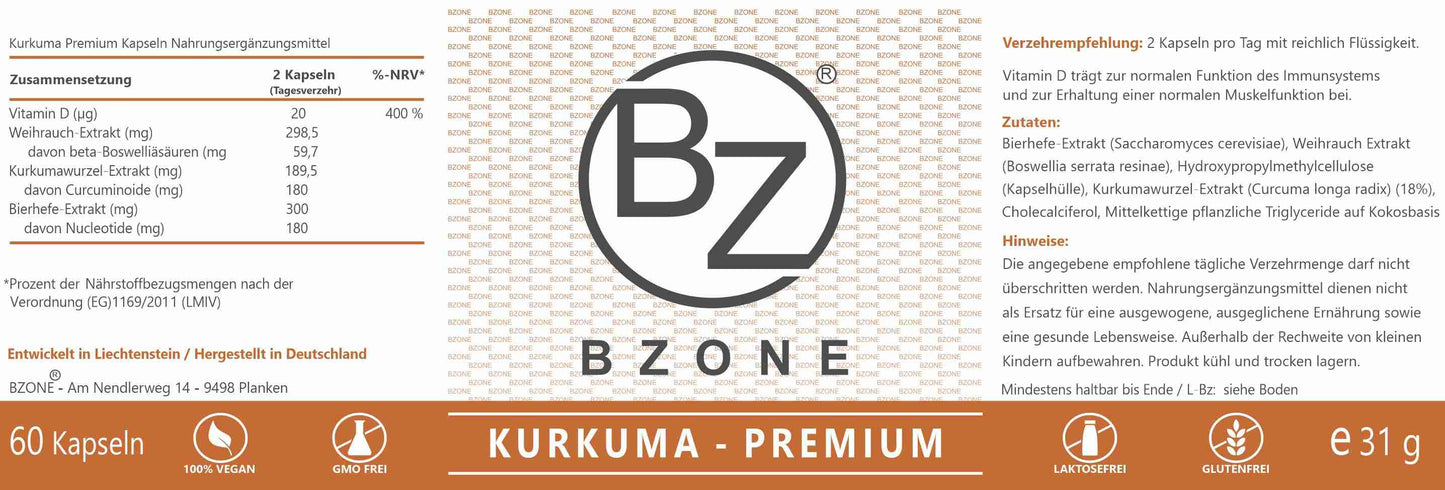 Verpackung von Kurkuma Premium Kapseln von BZONE, die eine Übersicht über die Inhaltsstoffe und Nährwerte bietet. Die Verpackung enthält Informationen zu den Hauptbestandteilen wie Weihrauch-Extract, Kurkumawurzel-Extract und Bierhefe-Extract sowie Hinweise zur Einnahme und Lagerung. Sie ist in einem ansprechenden Design mit dem Logo von BZONE gestaltet.