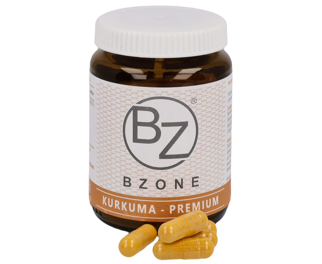 Braunglas mit orangenem Etikett, das 60  Kurkuma Weihrauch Kapseln von BZONE enthält. Vor dem Glas liegen 5 orangene Kurkuma Weihrauch Kapseln