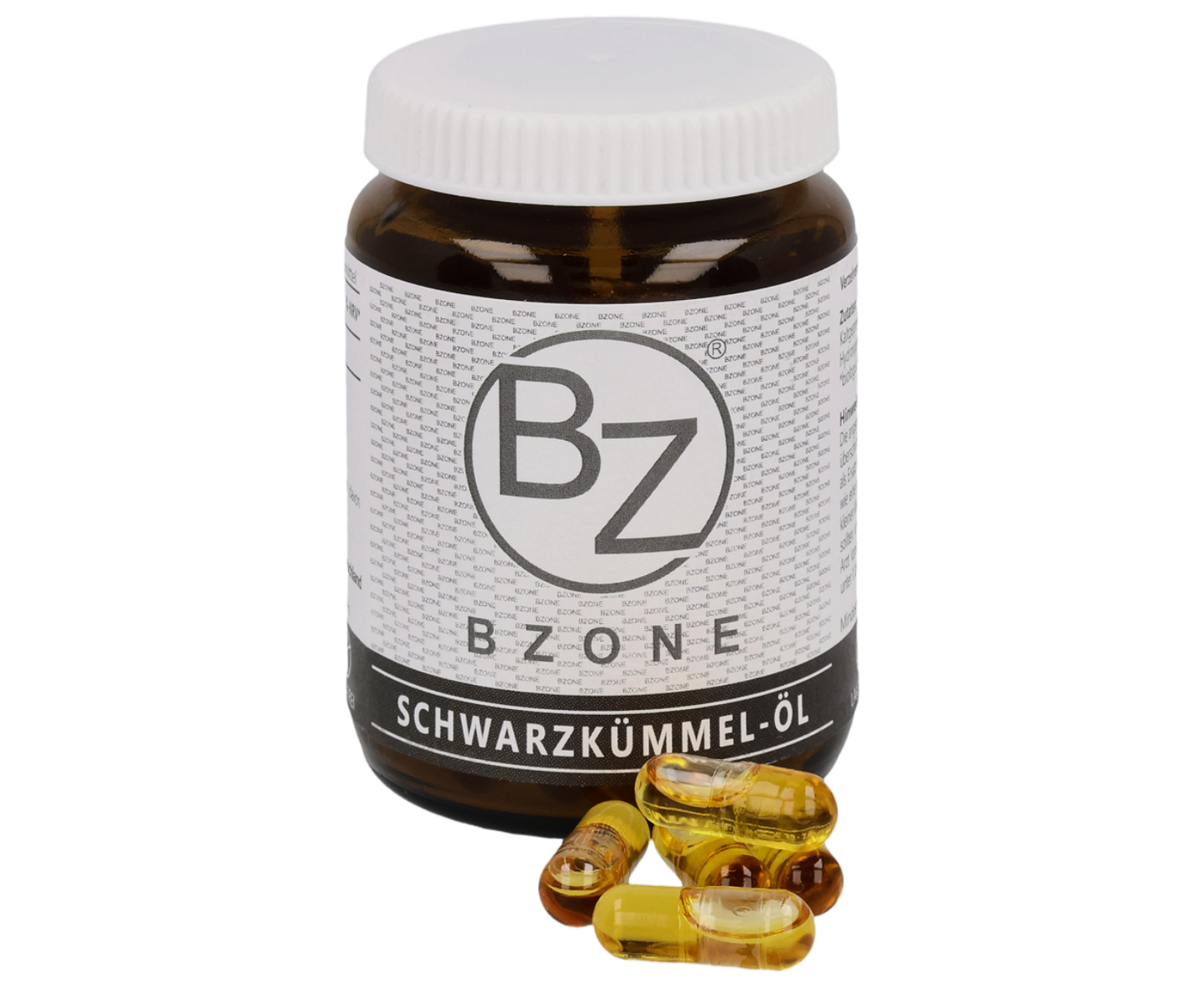 Braunglasdose mit weiß-braunem Etikett von BZONE. Die Dose enthält Schwarzkümmelöl Kapseln von BZONE. Vor der Glasdose liegen 5 golden glänzende Schwarzkümmelöl Kapseln